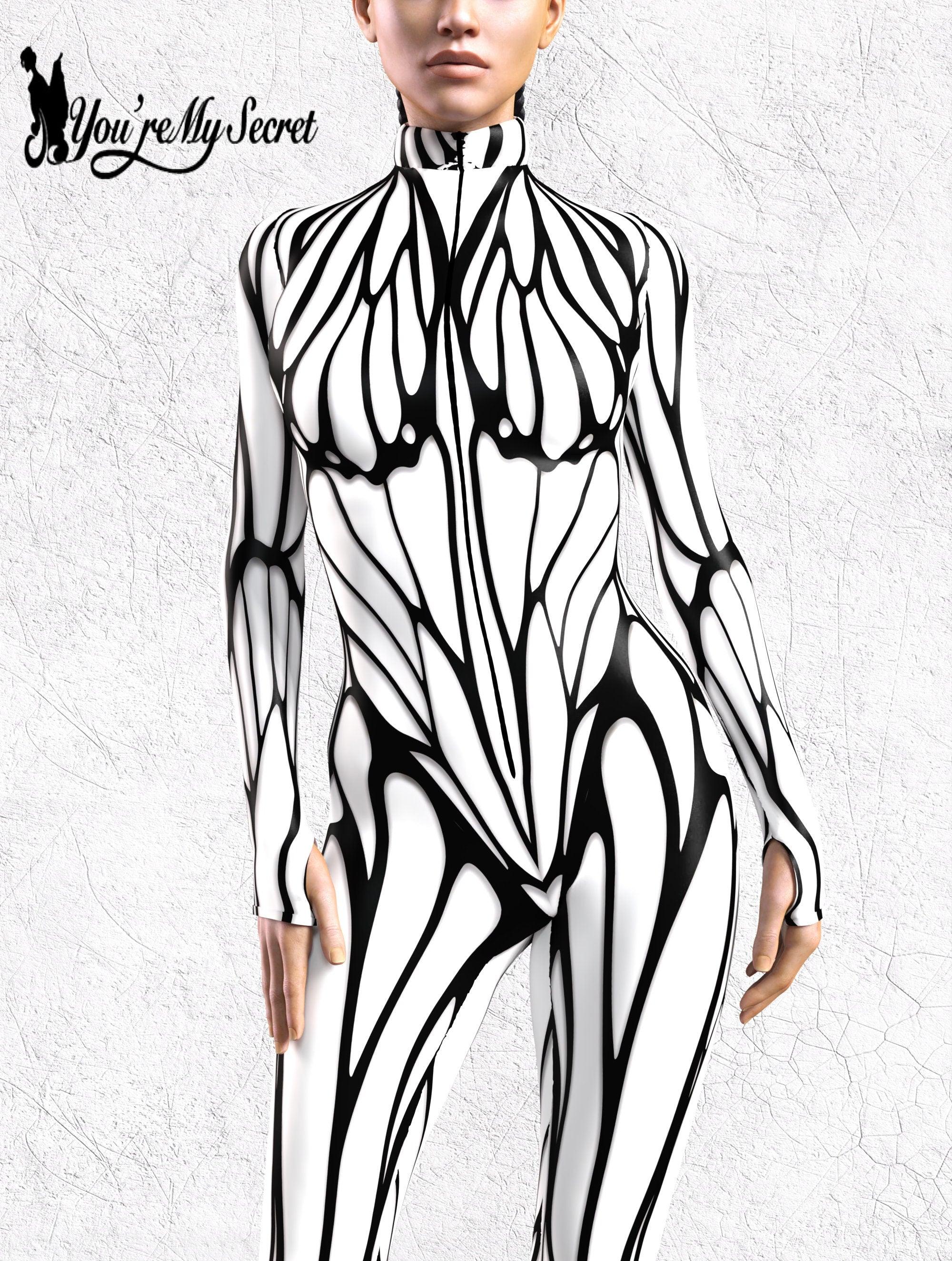 [du er min hemmelighed] halloween sort/hvid sommerfuglelinje cyber sort/hvid mønster bodysuit dame zentai-dragt