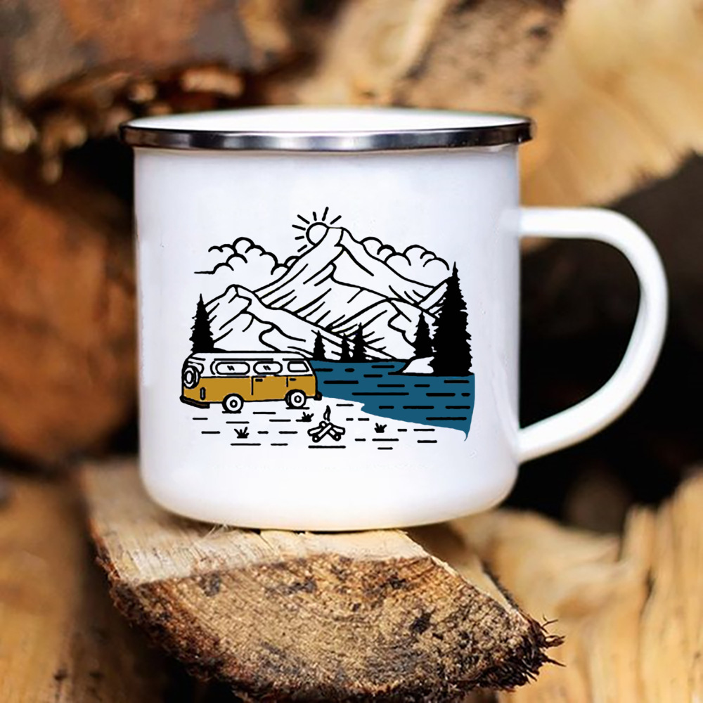 Tazas de Camper con estampado de caravana, taza esmaltada para acampar, aventura, fogata, , cerveza, jugo, tazas con mango de montaña, para Camper: Naranja