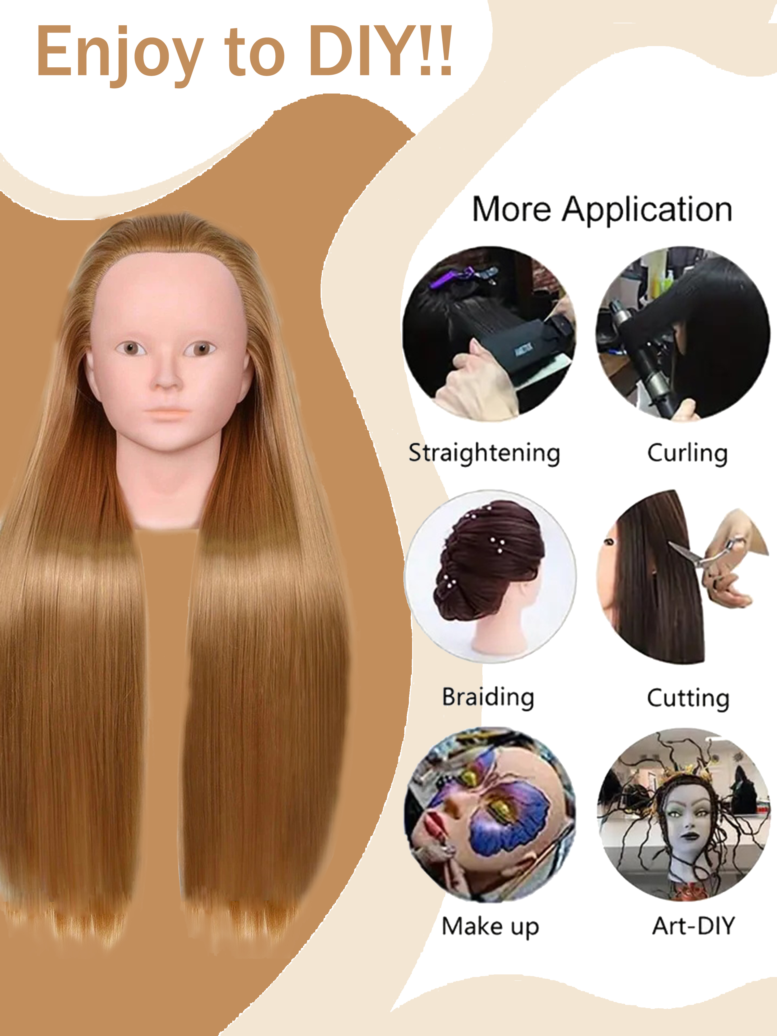 2pcs No makeup Mannequin Head Hair Styling Training Manikin Cosmetology Doll Head Synthetic Fiber Hair and stand