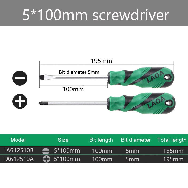 Laoa  s2 skruetrækkersæt med slids og stjerneskruetrækkere med magnetisk håndværktøj: 5 x 100mm 2 stk