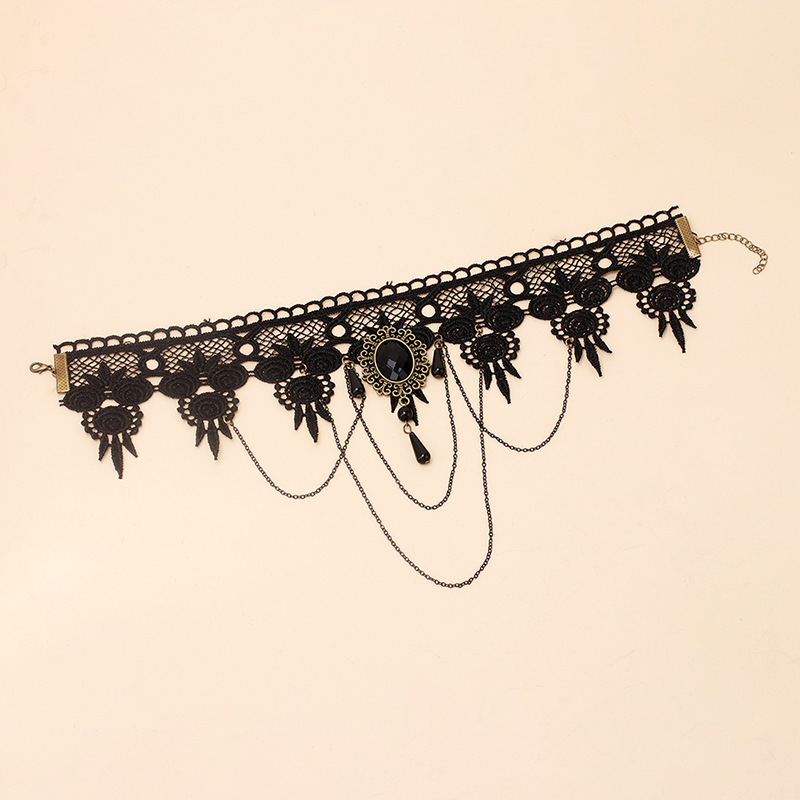 Gothic Victorian Black Lace Necklace Women Girl Boho Crystal Tassel Sexy Choker Steampunk Dark Loli Style Halloween Jewelry