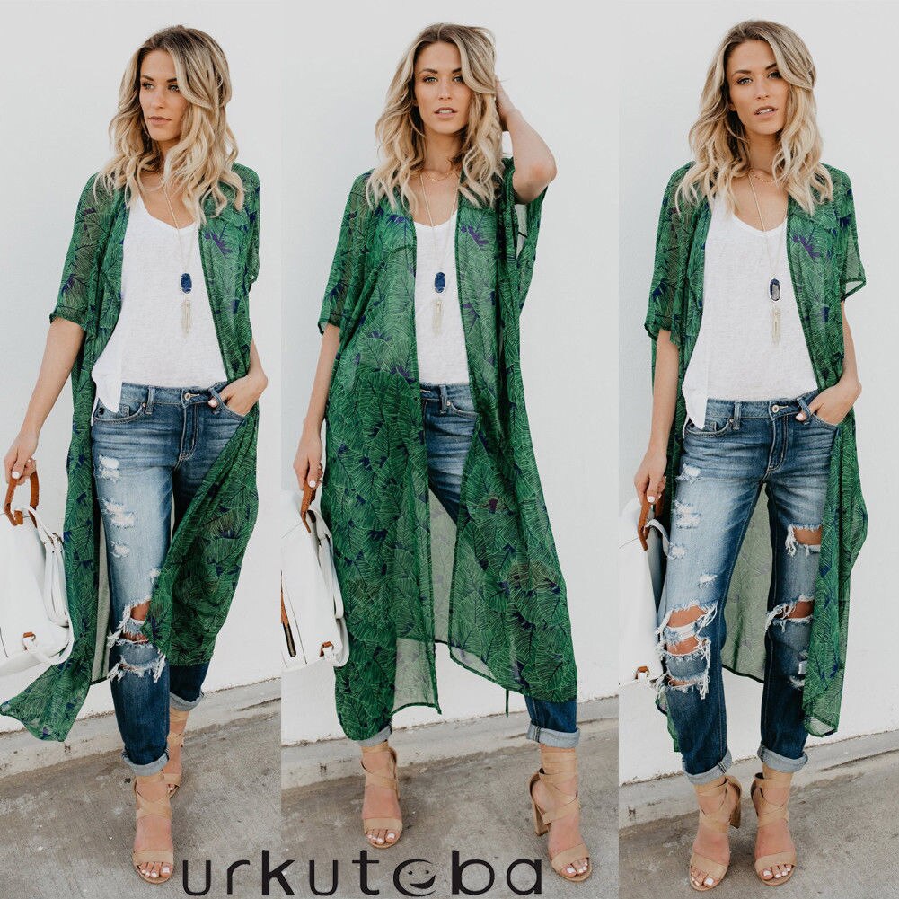 Vrouwen Chiffon Mode Lange Mouwen Beach Vest Jurk Dames Losse Cover Up Blad Patroon Tie Wrap Beachwear Lange Jurk