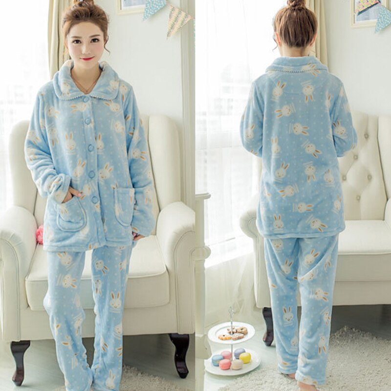 Women's Flannel Pajamas Set Casual Long Sleeve Fleece Cardigan Warming Sleepwear for Autumn Winter SEC88