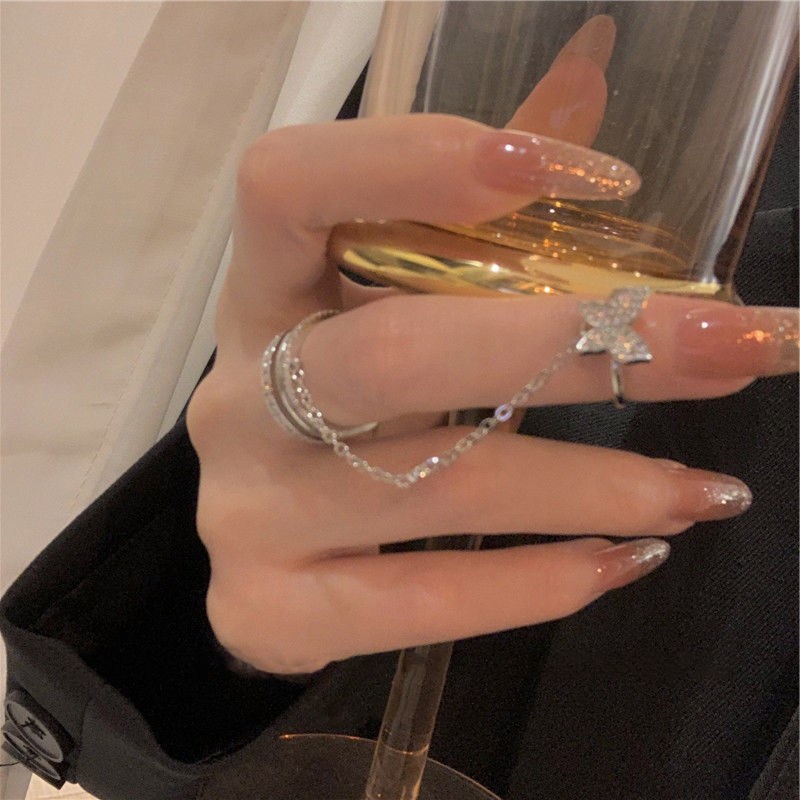 Double Finger Chain Rings for Women Alloy Adjustable Open Finger Ring Party Trend Jewelry