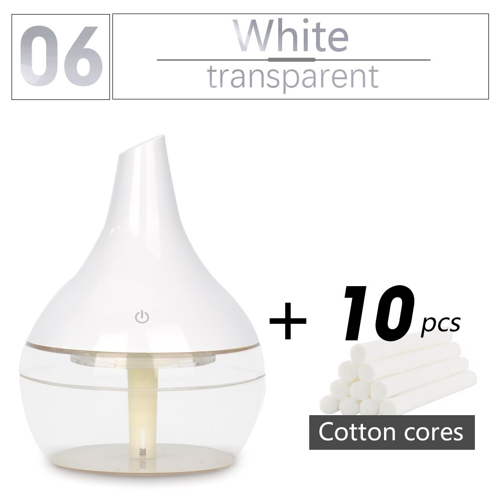 300ML USB humidifier Electric oil Aromatherapy wood grain Ultrasonic air diffuser with 7 colors lights for home office Car: White transparent-10