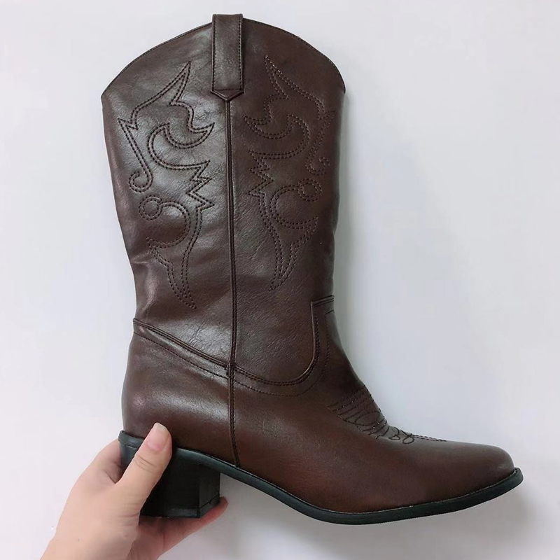 Spetsad tå western cowgirl boots vinter varma cowboy boots skor dam botas mujer svart ,brun plus storlek 41