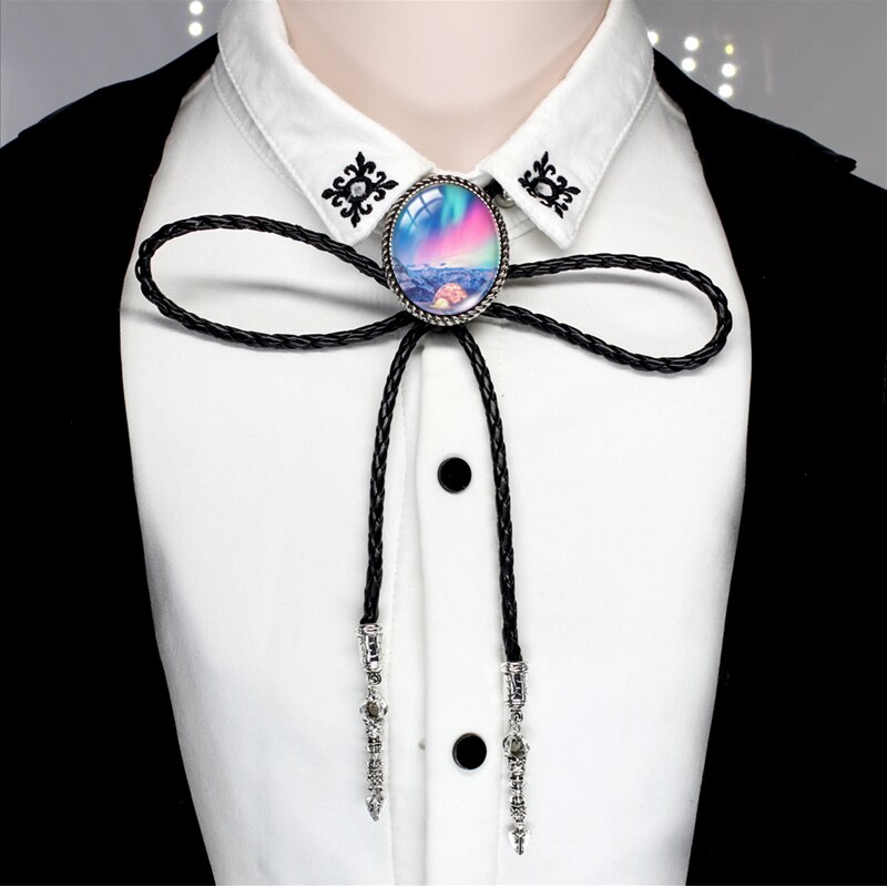 BOLO-00168 nuovo arrivo Polar Light Galaxy Nebula ovale in vetro Cabochon Western Bolo Tie Neck cravatte collana a catena in pelle: 5-2