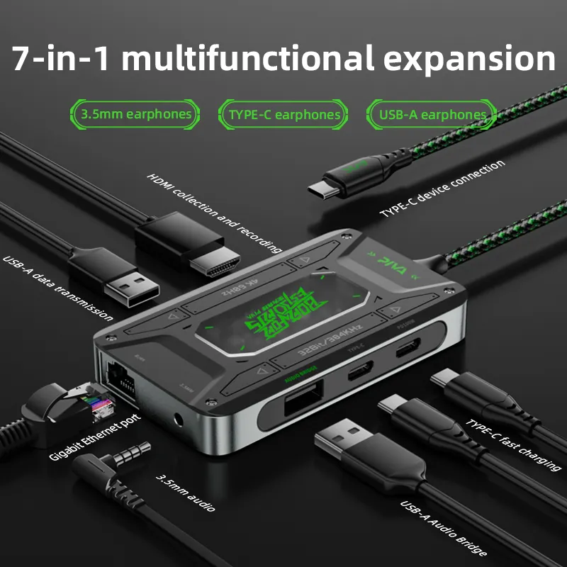 Piva Universal 70cm Cable 7 in 1 3.5mm 32Bit/384Khz Audio Adapter Type-C to USB Hub Type C 5Gpbs Docking Station 1000M Rj45 Lan