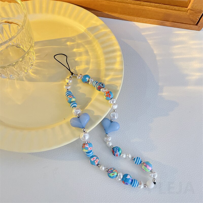 Mode Liefde Hart Mobiele Telefoon Riemen Voor Iphone 11 12 13 Pro Max Armband Hanger Leuke Sleutelhanger Ornament Parel Hand touw Ketting: DS346-2