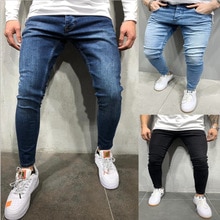 Jeans Men Elastic Waist Skinny Jeans Men Stretch Ripped Pants Streetwear Mens Denim Jeans Blue