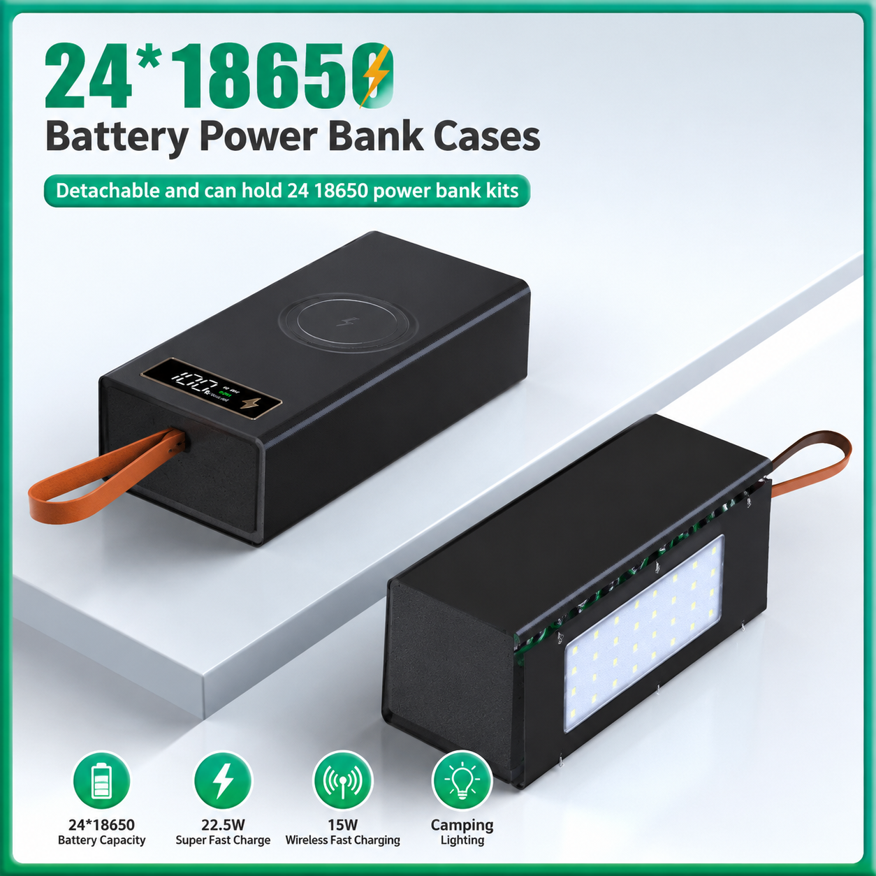 24*18650 Batterij Powerbank Behuizingen DIY Mobiele Powerbank Case met Draadloos Opladen en Campinglamp Afneembaar, Loodvrij