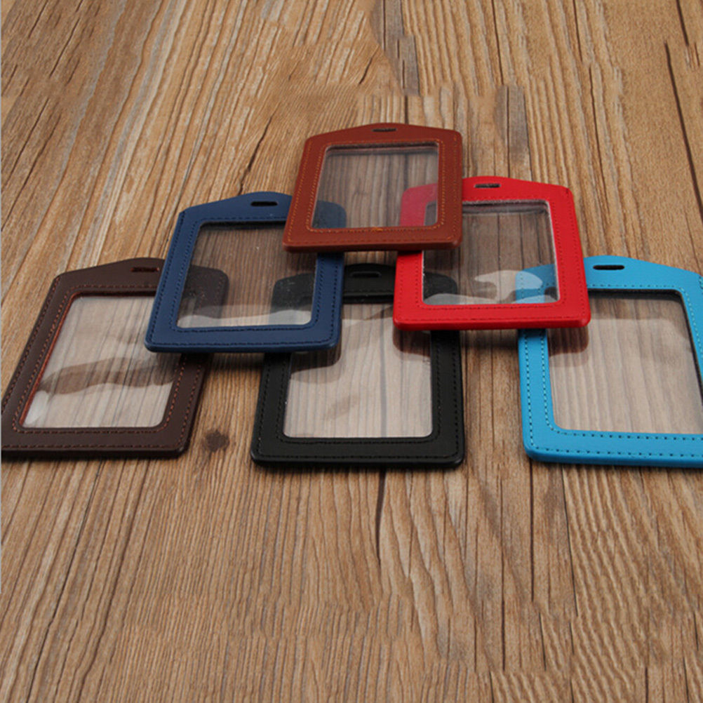 ID PU Leather Card Holders Horizontal Vertical Style Badge Case Clear with Color Border and Lanyard Holes School Stationery