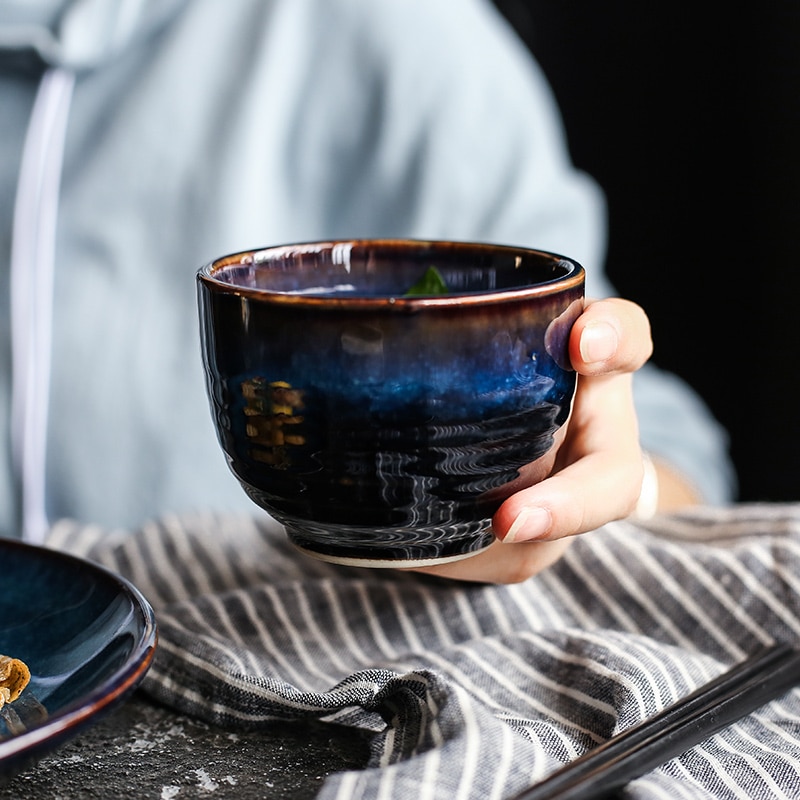 KINGLANG Tiefe Blau Keramik Geschirr 1 Person Porzellan Geschirr Abendessen einstellen Platte Schüssel Tasse Soße Gericht