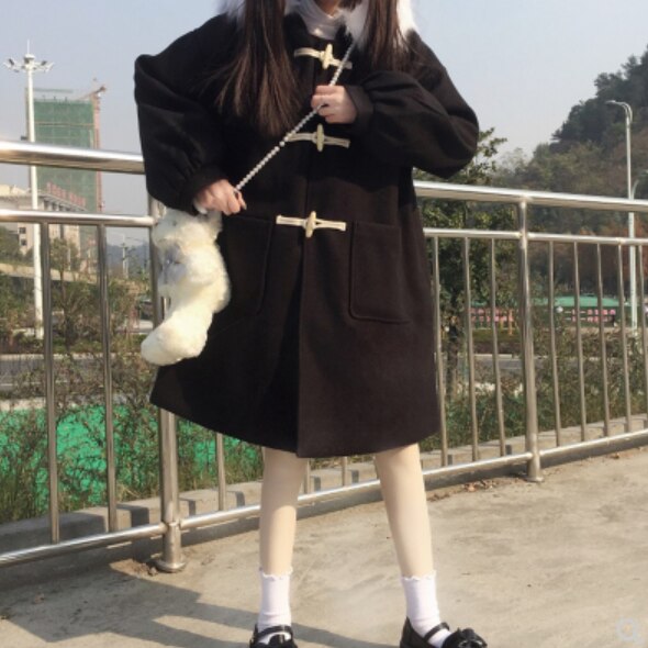 Koreańnarty styl Harajuku słodki zimowy ciepły płaszcz śliczny kawaii księżniczka temperament płaszcz żeńnarty czarny długi płaszcz lolita cos loli