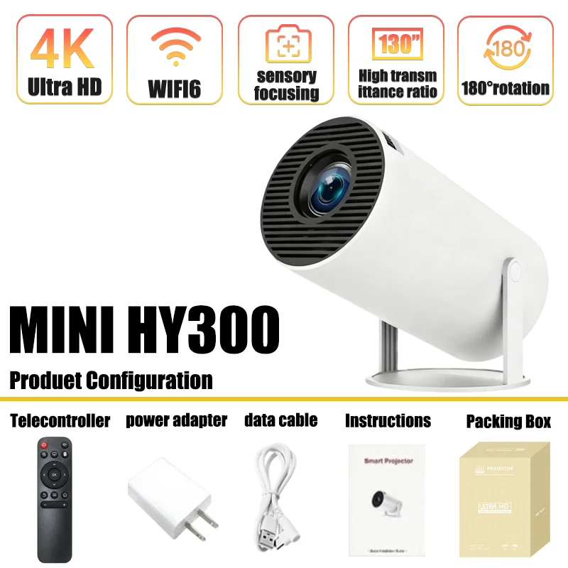 Projektor 4k android 11 hy300 mini wifi 6 290 ansi allwinner  h713 bt5.0 1080p 1280*720p bio utomhus bärbar projektor: Grå / Eu