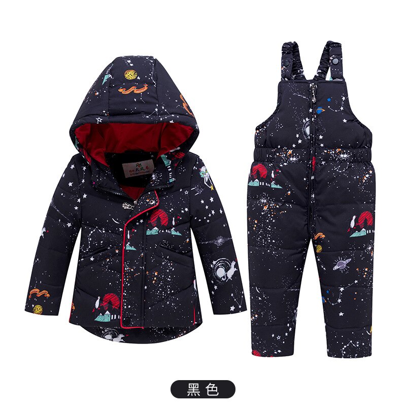 Winter warme kinderkledingset babymeisje eendendons sneeuwpak kinderskipakset winter peuterjongen donsjack + broek 2 stuks: Zwart / 3t