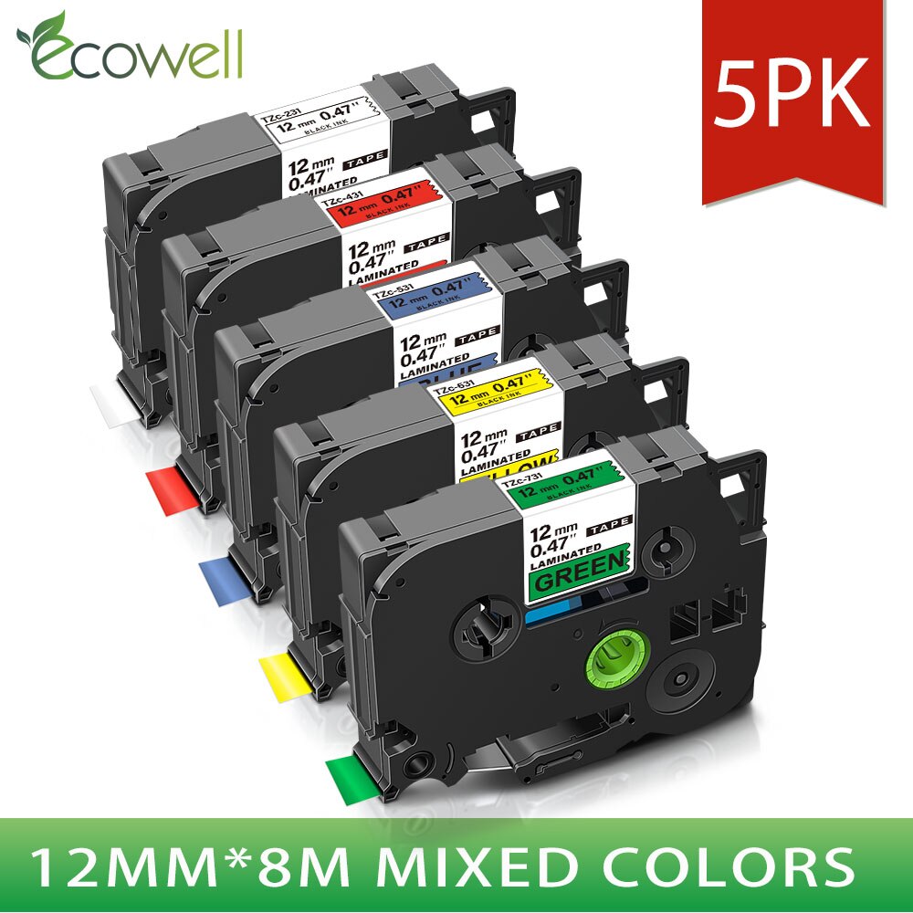 Ecowell 12mm Black on White TZe-231 TZe 231 Label Tapes Compatible for Brother p touch PT200 1000 D210 H110 E110 Label Printer: 5PK Mixed Colors