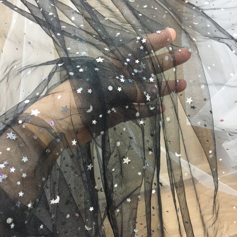 5 yards off white black tulle lace fabric with gold silver stars, bridal gown wedding dress fabric veils tutu dress 150cm wide: black silver star