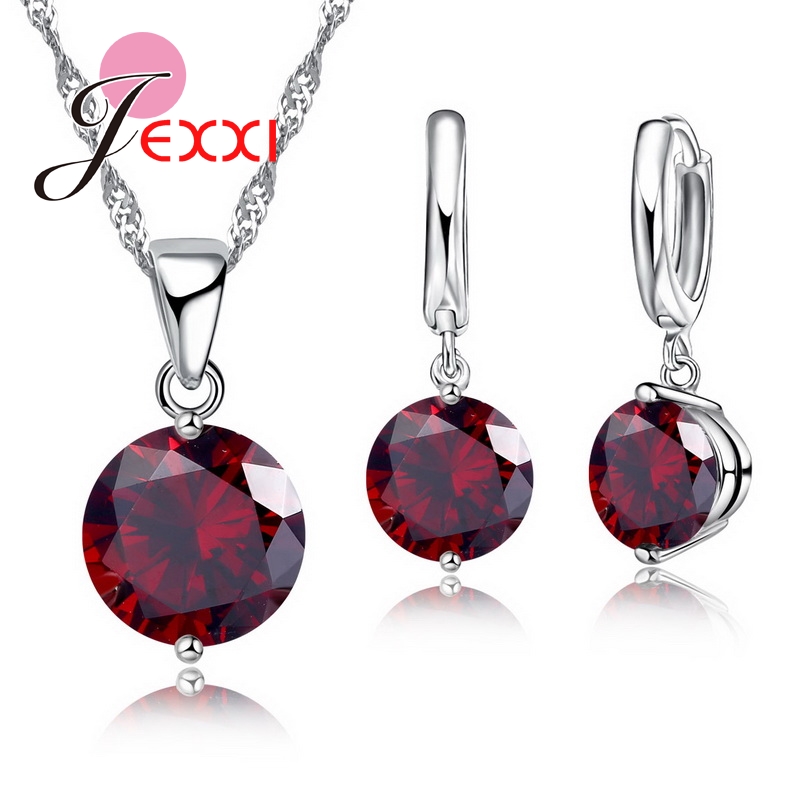 925 Sterling Zilveren Sieraden Set Met Shining Ronde Cz Cubic Zirkoon Stenen Hanger Ketting Oorbellen Sets: Red