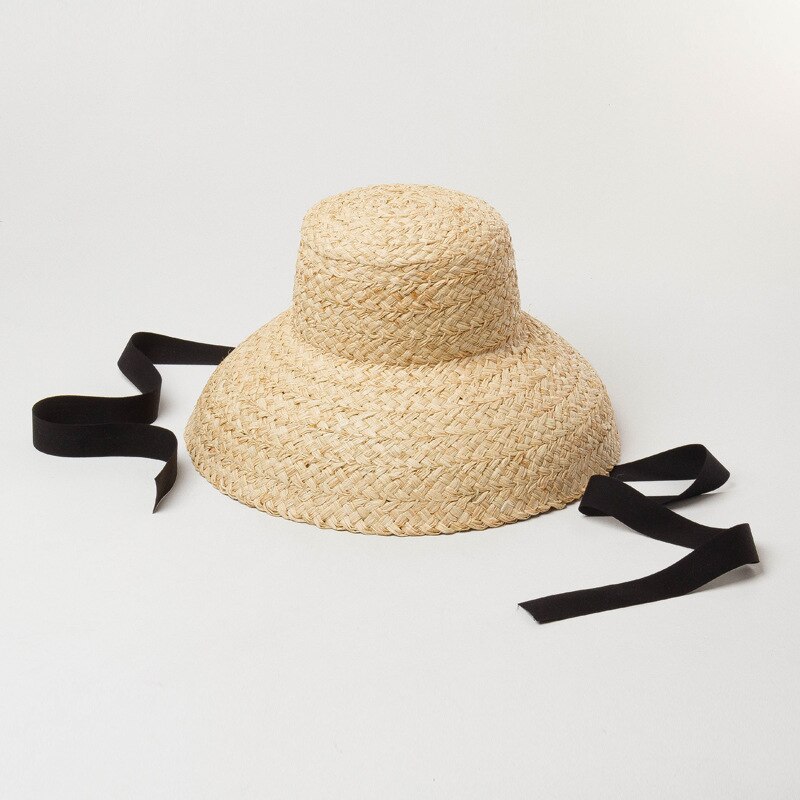 Retro flad top kvinder raffia sommer sol hatte håndlavet bandage strand hat engros 1125: Sort