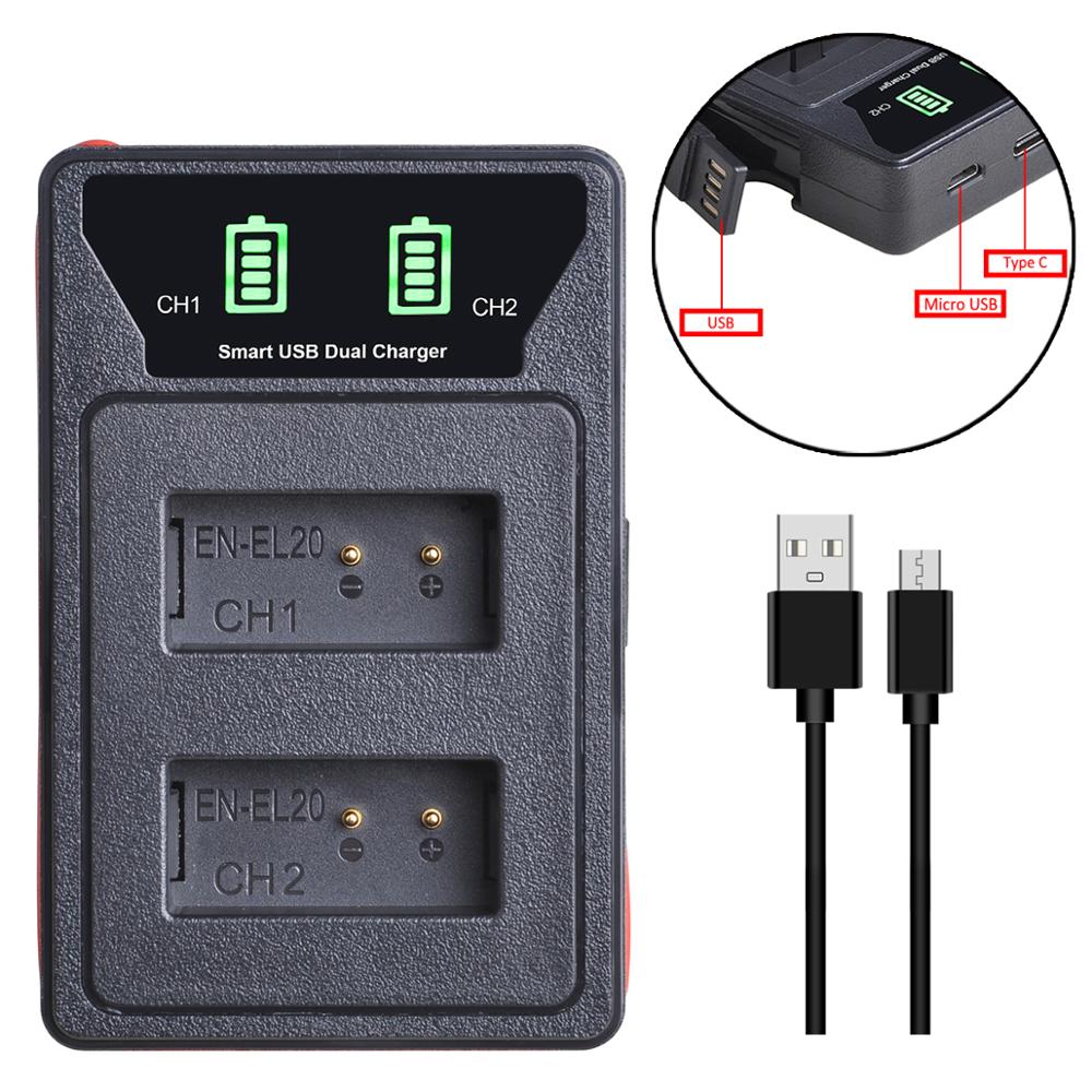4 stk og -el20 en el20 en el20a batterier + led innebygd usb dobbel lader for nikon coolpix  p1000 nikon 1 j1, j2, j3 nikon 1 aw1: 1 lader