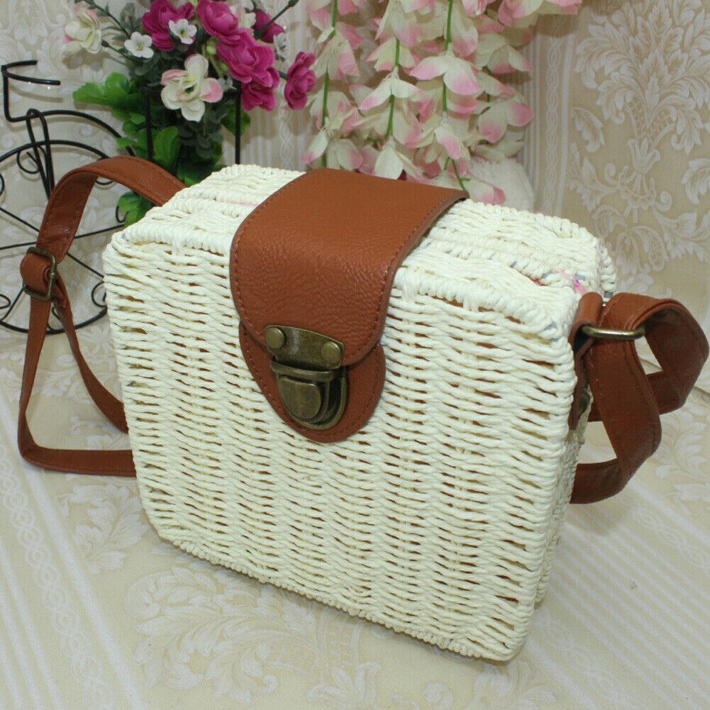 Bolsa de palha rattan feminina, nova bolsa quadrada de palha trançada para mulheres, transversal, praia, bolsa de verão, bolsa de mensageiro, imperdível: WHITE