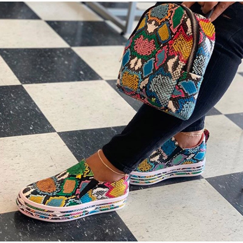 Dames slangenprint pu leren sneakers gevulkaniseerde schoenen dames instappers platform damesschoenen wandelschoenen
