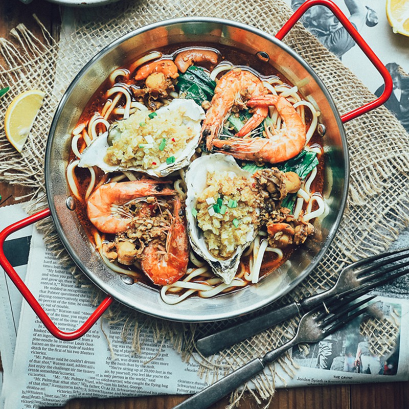 Edelstahl Paella-pfanne Spanisch Meeresfrüchte Braten Topf Nicht-Stock Braten Topf Küche Gebraten Huhn Obst Platte Kochen Werkzeug 24cm