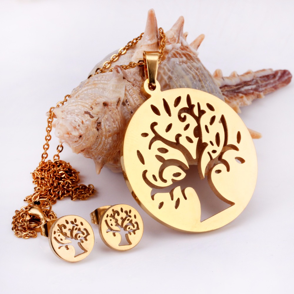 Luxukiskids-collier et boucles d'oreilles en or pour femmes, pendentif grand arbre, bijoux indiens, style dubaï, idée