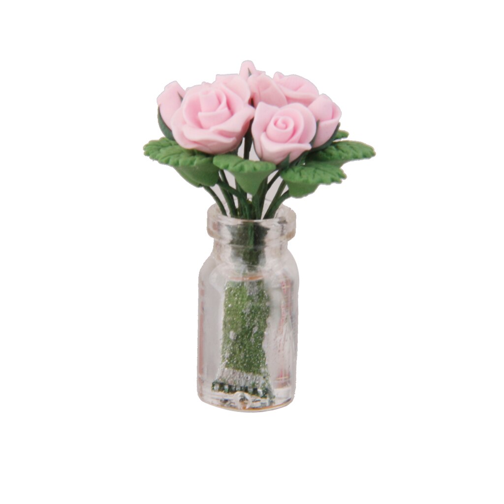 1/12th Miniatue Bunch Pink Rose Flowers In Glass Vase Dolls House Decoration