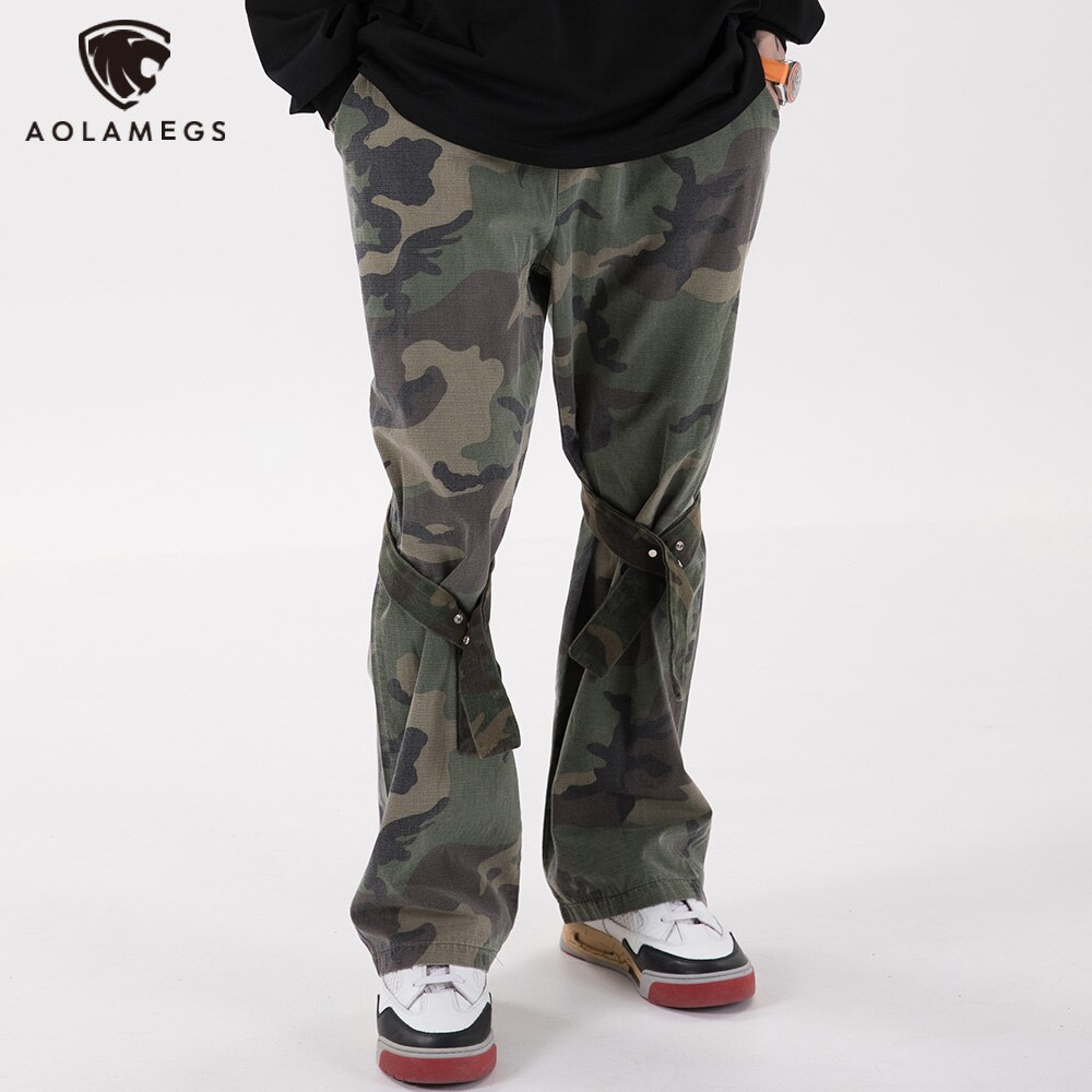 Aolamegs Flare Broek Mannen Camouflage Print Verstelbare Linten Broek Elastische Taille Retro Hip Hop High Street Streetwear
