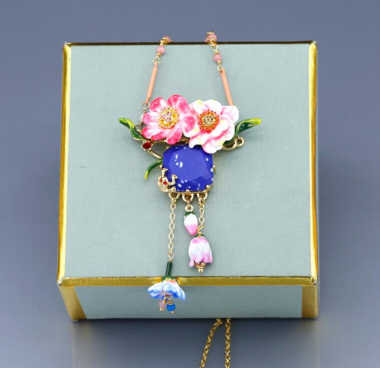 CSxjd Luxury Jewelry Garden Stone Flower Three Layer Enamel Necklace Tassel big necklace