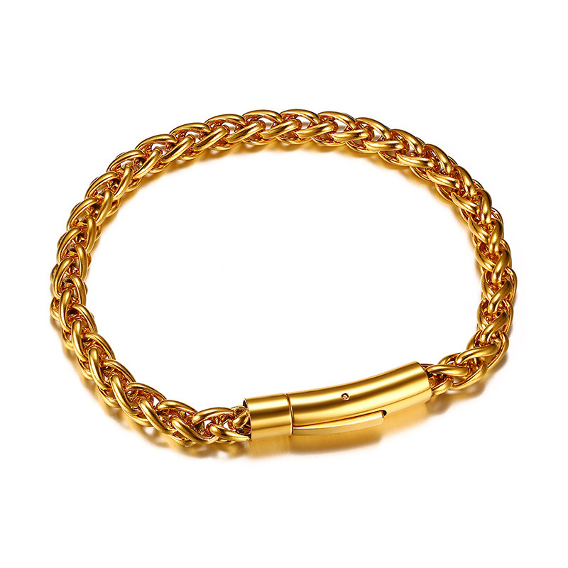 Men&#39;s Spiga Chain Bracelet Gold Tone Stainless Steel Round Box and Wheat Link Braslet Male Jewelry 8.5