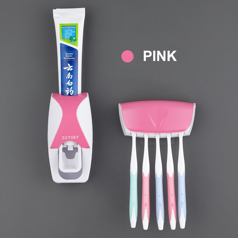 Dispenser automatico di dentifricio, Set di portaspazzolino, aspirazione antipolvere e appiccicosa, spremiagrumi per bagno a parete: Pink 2-piece set