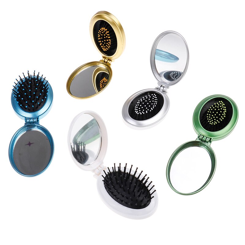 Cepillo de pelo portátil para niña, herramientas de peinado con espejo, 5 colores, bolsillo redondo, tamaño pequeño, peine plegable de viaje