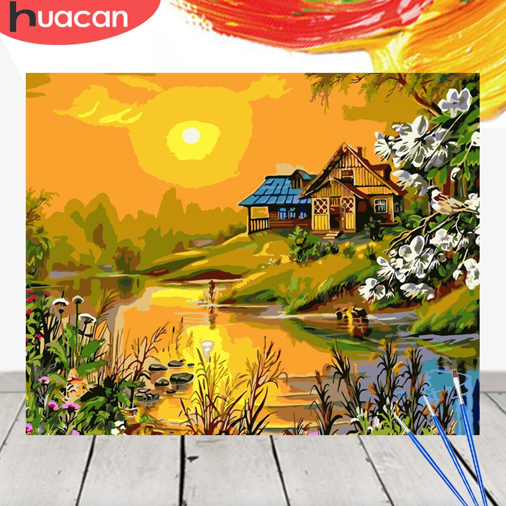 HUACAN peinture à l'huile par numéros coucher de soleil paysage acrylique dessin toile photo pour adulte mur Art décoration bricolage