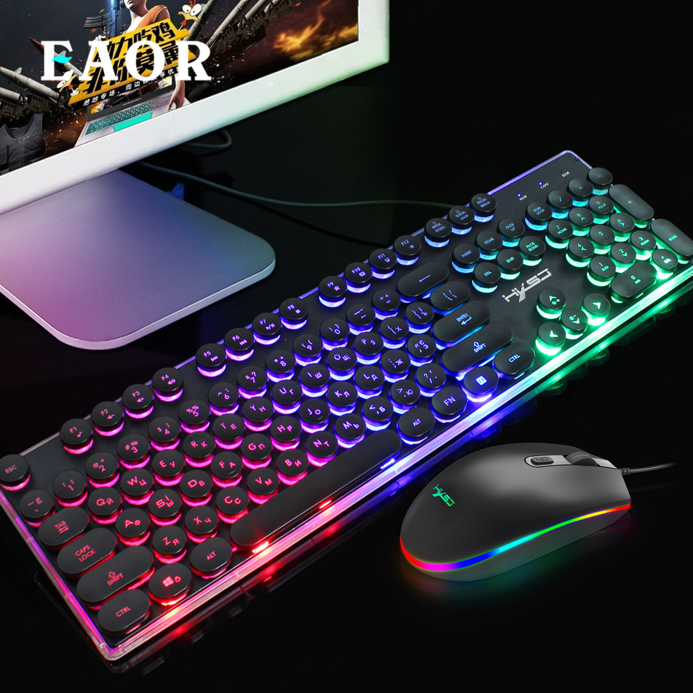 EAOR Punk Keycap Russian Keyboard and Mouse Combo RGB Luminous Wired Gaming Keyboard Set Multimedia Function Waterproof Keyboard
