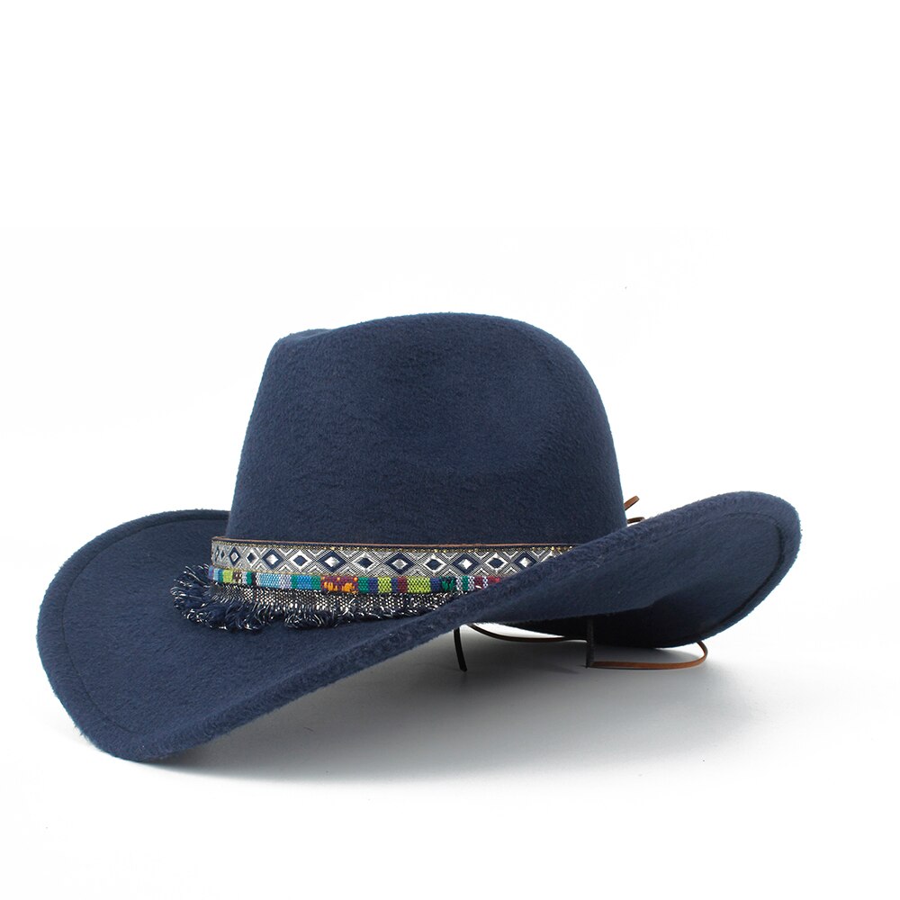 Kvinder uld hul western cowboyhat roll-up skygge dame outblack sombrero hombre jazz kasket størrelse 56-58: Mørkeblå