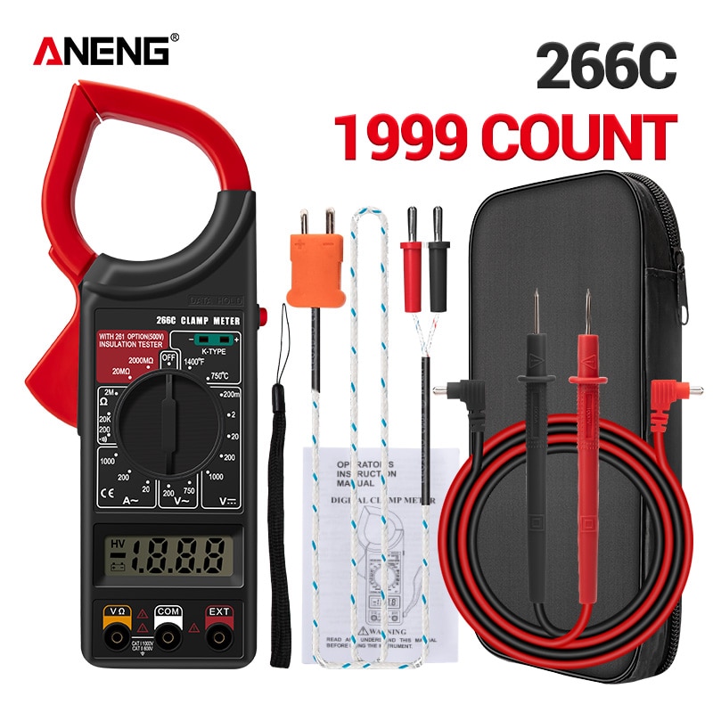 ANENG 266C Digital Current Clamp Meter Buzzer Data Hold Non-contact True RMS AC/DC Multimeter Ohm Ammeter Tester