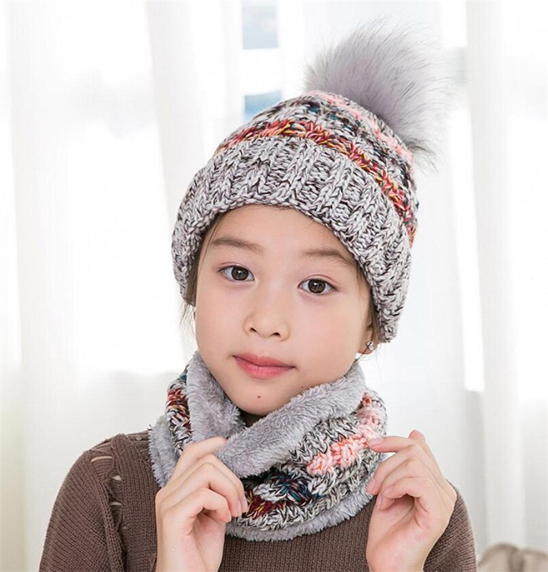 Conjunto de gorro y bufanda de punto para niño y niña, gorro cálido de felpa y anillo, bufanda de colores mezclados, gorro con pompón grande para niño, bufandas de invierno