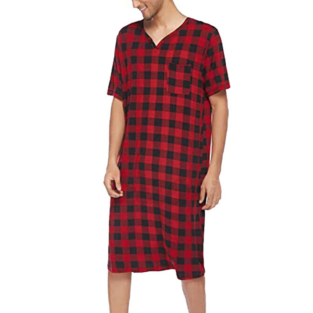 Men Robes Loose Plaid Pajamas Short Sleeve V-neck Casual Soft Bathrobe Nightwear Summer Clothes Breathable Male