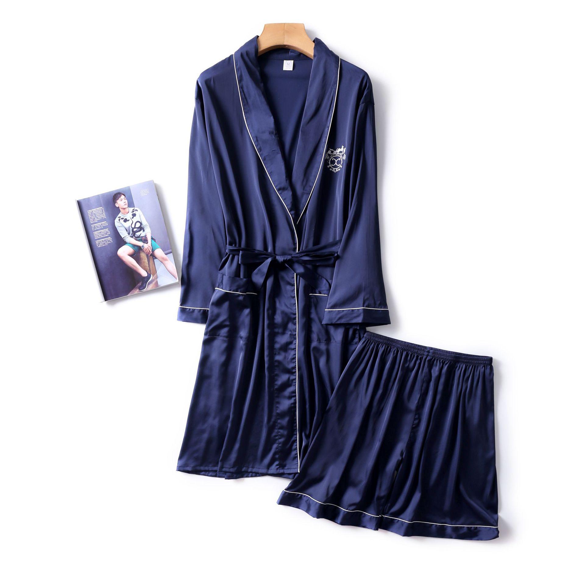 Navy Blue Mens Robe Short Pants Pajamas Suit Spring Two Piece Sleepwear Sets Casual Home Wear Nightwear Sleep Kimono Bath Gown: Navy Blue / XL