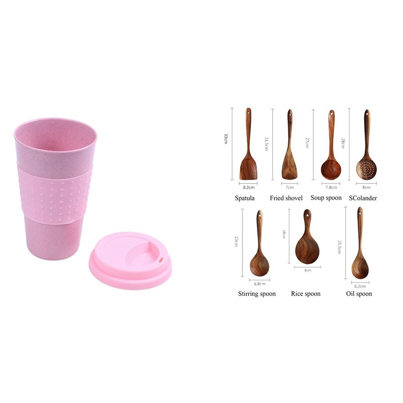 Reusable Coffee Cups Eco Friendly Travel Coffee Mugs With Lid 201-300Ml Pink & Kitchen Utensils Set, Wooden Spoons