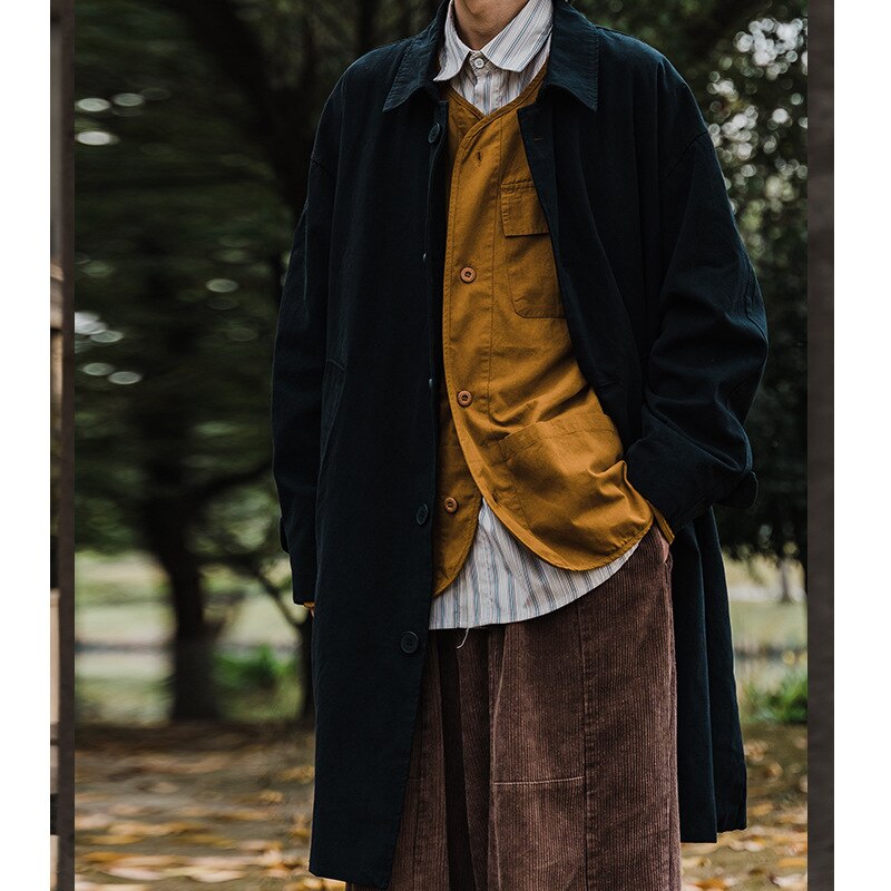 Gabardina básica Retro de estilo japonés Unisex, ropa de trabajo de longitud media, de un solo pecho, por encima de la rodilla, otoño e invierno, 2022