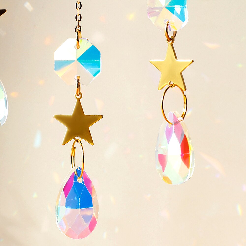 Atrapamoscas de Metal para decoración de pared, Prisma de bola de cristal, Luna, artesanía de arcoíris para ventana de coche, cristales colgantes para jardín