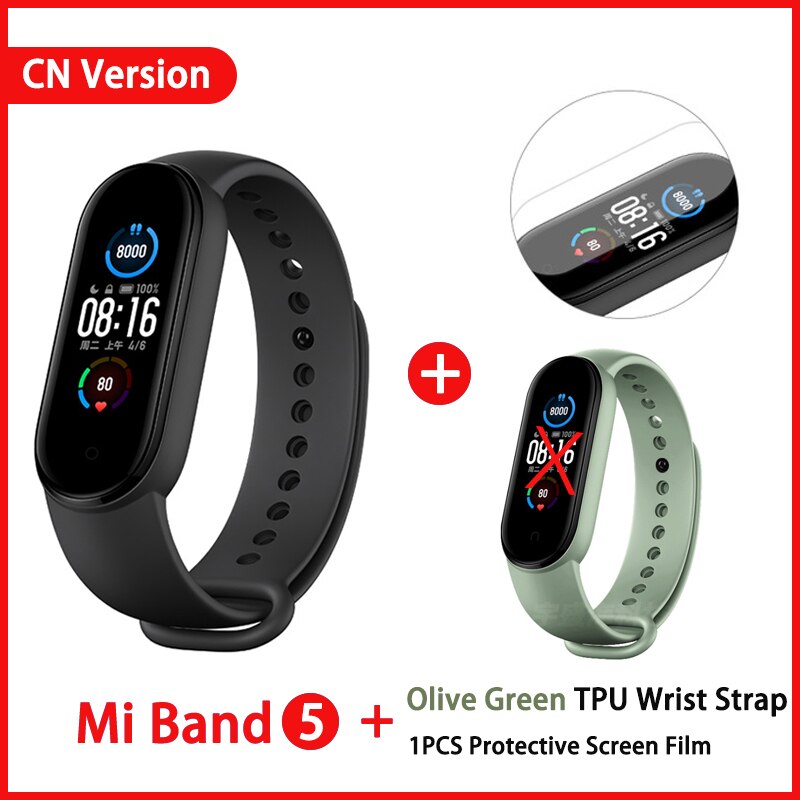 Xiaomi Mi Band 5 Smart Armband 4 Kleur Amoled Screen Miband 5 Smartband Fitness Traker Bluetooth Sport Waterdichte Slimme Band: CN add Green film