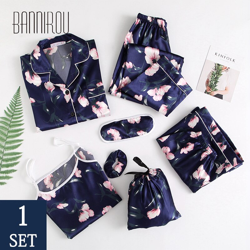 BANNIROU Women&#39;s Pajamas Sets Home Clothes Printed Floral 7 Pieces Pyjamas Suits Women Sleepwear Sets Home Wear Spring