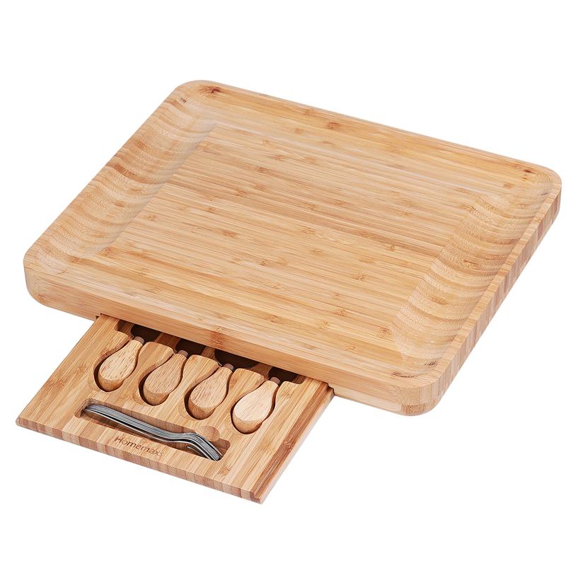 Bamboo Cheese Board Cutter Set Slide-Out Drawer Serving Platter Tray Cutting Board For Cheese Fruit Dessert Kitchen Accessories: D