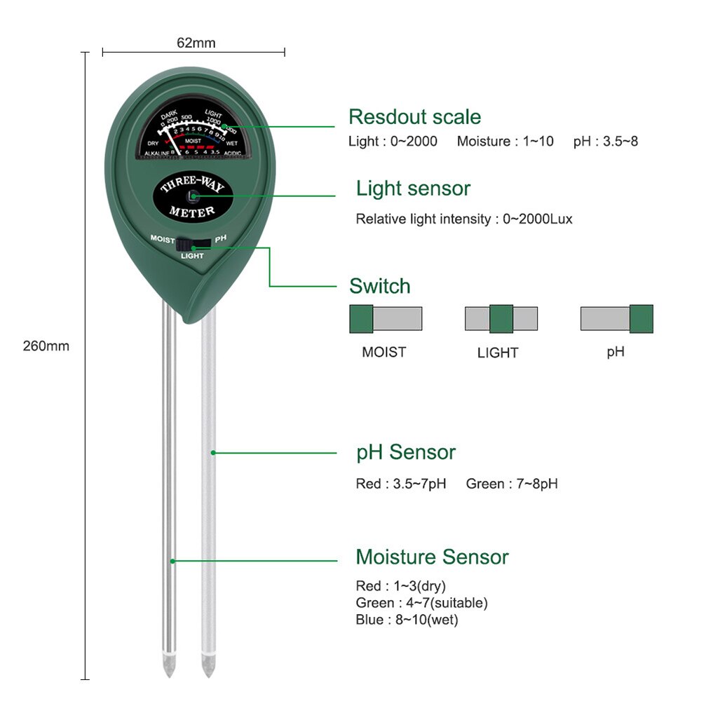Medidor de PH 3 en 1, medidor de humedad del suelo, medidor de temperatura solar para cultivo de flores y plantas, herramienta de jardín