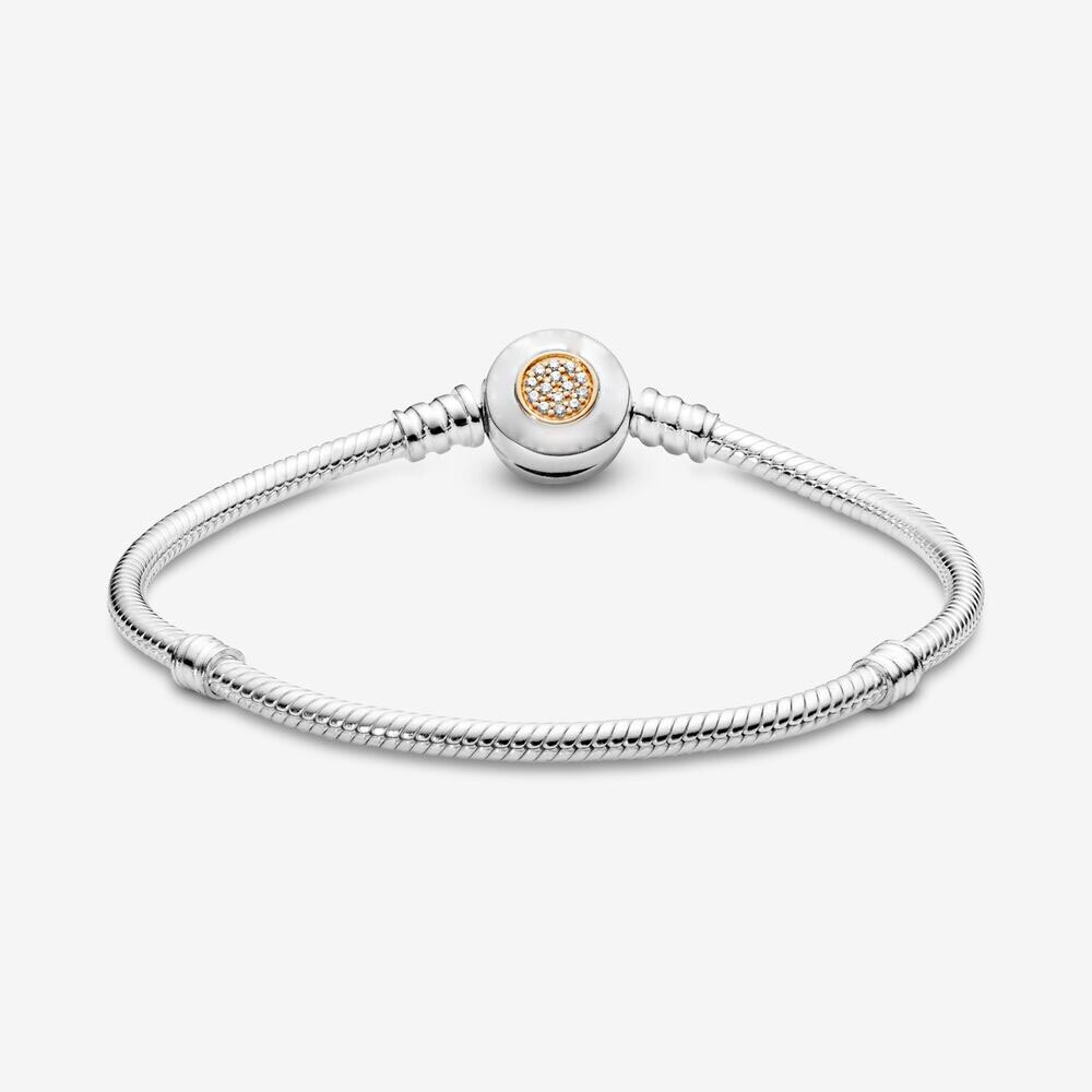 Vero argento sterling 925 zircone tondo fibbia bracciale in argento dorato misura originale Pan bead charm bracciale donna gioielli 2020